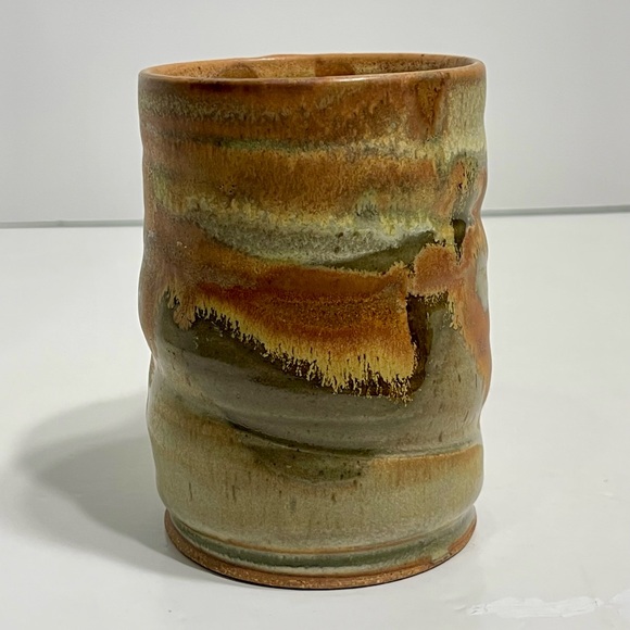 Studio Art Pottery Ribbed Stoneware Coffee Mug Rustic Earthy Multi-Toned Glaze - Picture 3 of 7